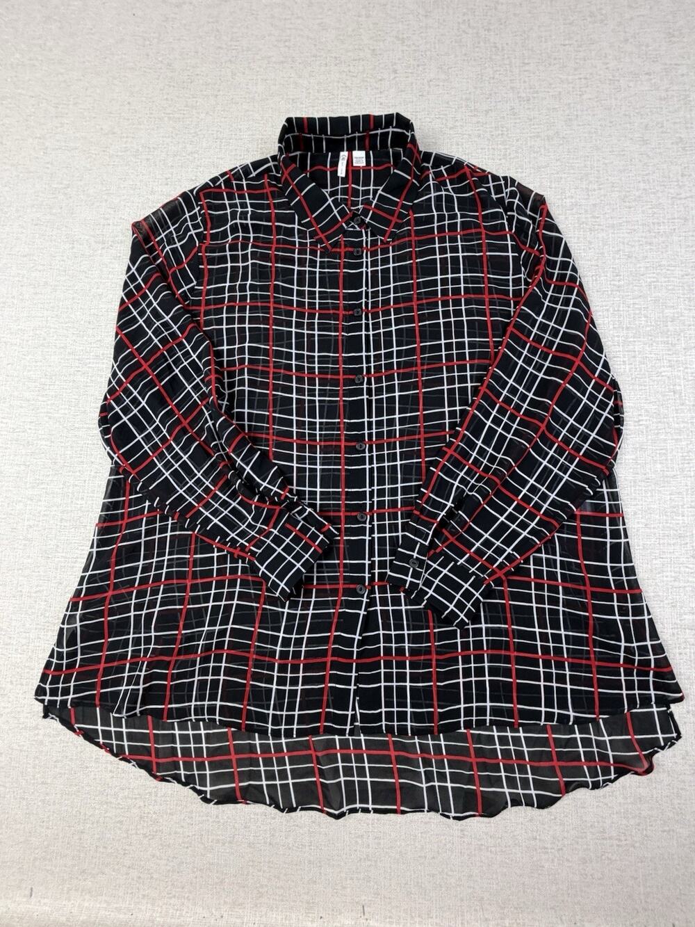 Cato Women’s 18/20W Black Red Plaid Sheer Chiffon Hi-Low Button Shirt